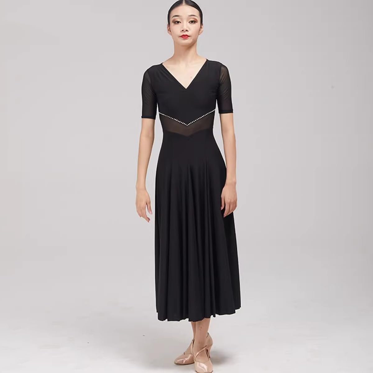 purpleq Vestido de Baile de salón para Mujer con Escote en V, Manga Corta, Malla combinada, Moderno, para vals y Flamenco, Ropa para Baile de graduación y Fiestas