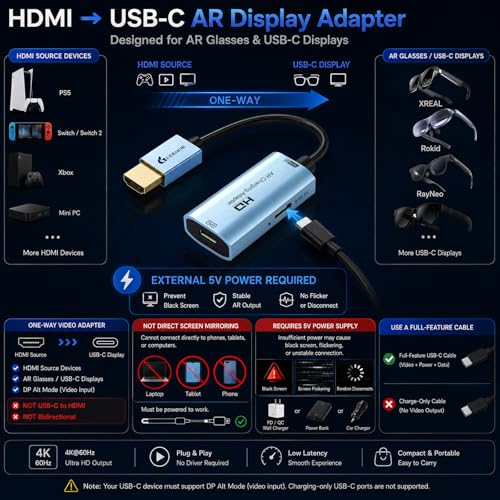 Image of Guermok AR Glasses HDMI to USB-C Video Adapter, 4K@60Hz HDMI Source to USB-C Display Converter, for XREAL One /Air 2 Pro /RayNeo /Rokid, Switch 2 /1, Xbox1, PS4 /5, Portable Monitors (Blue)
