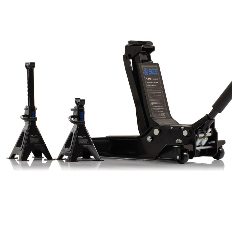 SGS 3 Tonne Low Profile Garage Trolley Jack with 4 Tonne Ratchet Axle Stands