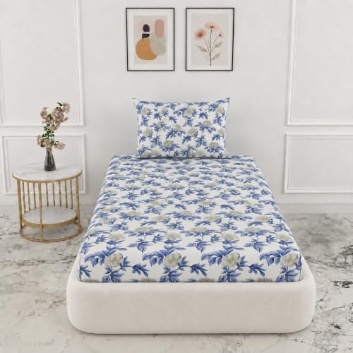Image of VOMZER 300 Threadcount Elastic Fitted Bedsheets Single Bed with 1 Pillow Cover | Single Bed with All Around Elastic, Size 36 X 72 X 8 Inches Blue