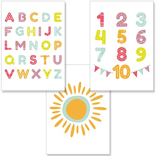 PREMYO 3 Affiche Décoration Murale - Décoration Chambre Bébé Fille Garçon - Alphabet ABC Soleil Papier Épais Format A4