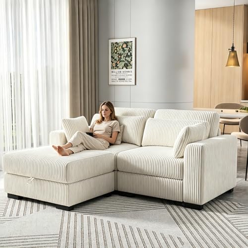 Sofa de 2 Plazas,Sofá Acolchado Sofas de Salon Cheslong Sofa Cama Chaise Longue Sofá Modular Suelo Sofá en Forma de L de Pana con Cojín Y otomano (Beige, 2 plazas+1 reposapiés)