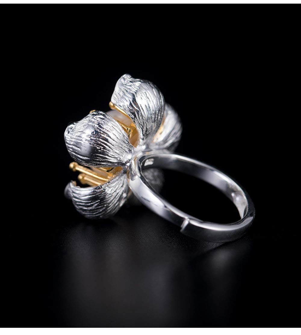 HGJH Anelli d'Argento,S925 Sterling Silver Fiore Stami Anello di Perle Anelli Regolabili Etnico retrò Anello Aperto Argento Eternity Ring Fascino di Nozze Gioielli Regali per Ragazze Signore