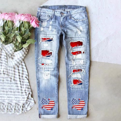 Women's Independence Day Print Jeans Plaid Patch Boyfriend Ripped Jean Heart American Flag Denim Pants for Women2