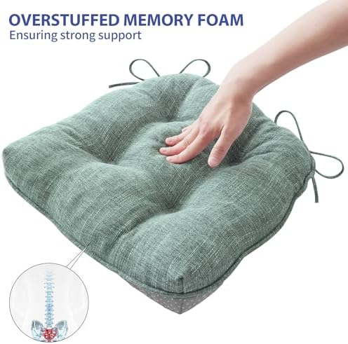 Chair Cushions for Dining Chairs Set of 4, Kitchen Chair Cushions, Chair Pads with Ties Non Slip Backing, Christmas Room Decor, Tufted Memory Foam Seat Cushion 4 Pack, 15.5x15.5x4, Sage Green - Thumbnail 4