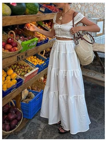 SOLY HUX Women's Drawstring Waist Ruffle Tiered Layer A Line Flowy Beach Maxi Skirts Vacation Outfit3