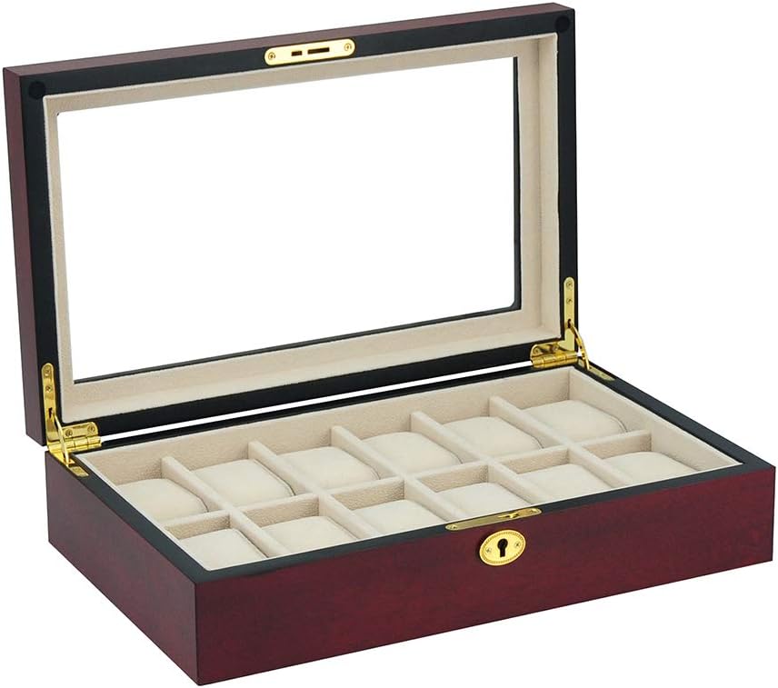 TIMELYBUYS Elegant 12 Piece Cherry Wood Rosewood Watch Box Display Case Collection Jewelry Box Storage Glass Top Father's Day Gift