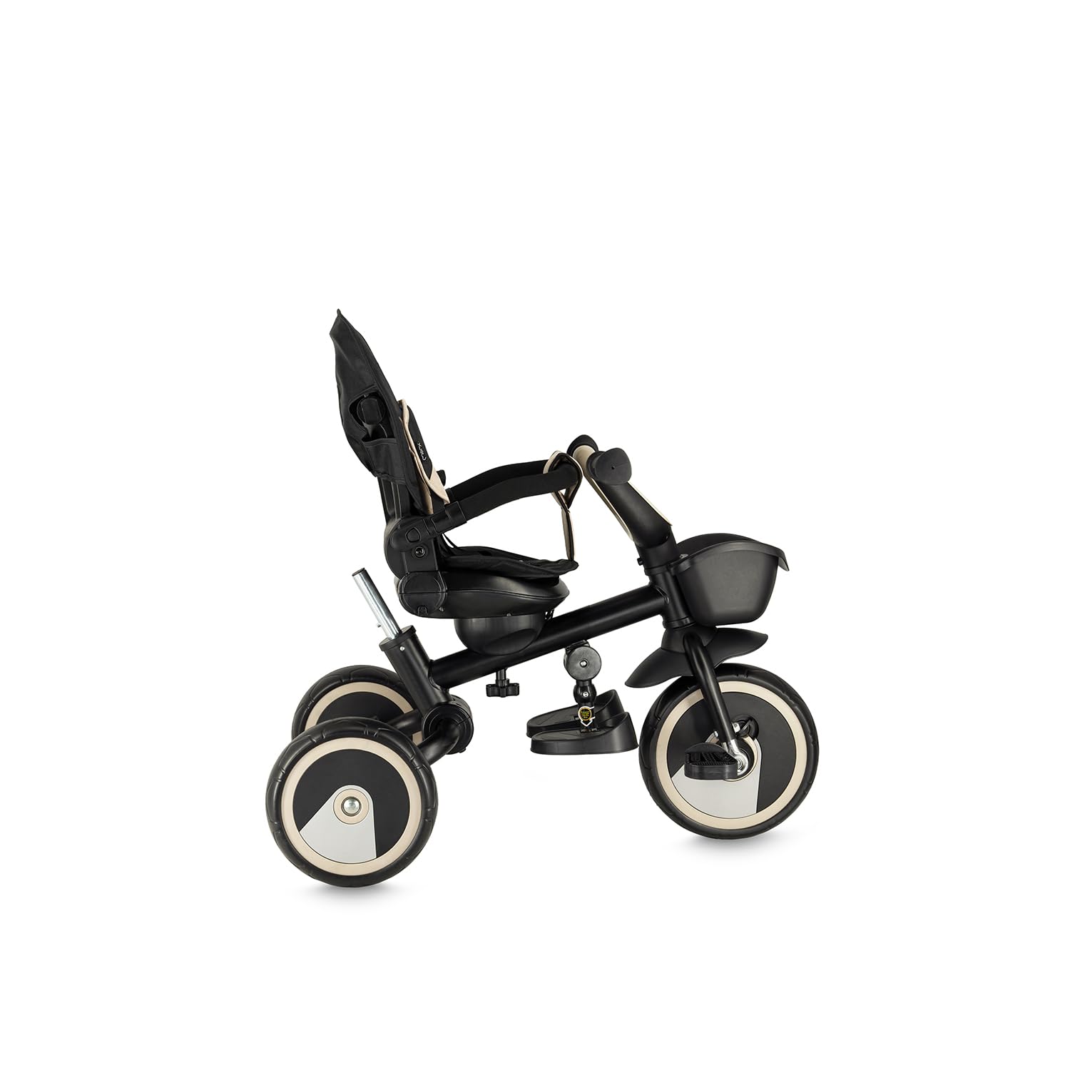 Triciclo per bambini MoMi IVI, seduta girevole 360°, cinture a 3 punti, poggiapiedi, tettuccio parasole, ruote EVA, manubrio regolabile, borsa e cestino portaoggetti