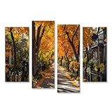 islandburner Prime Bild auf Leinwand Herbstliche Baumallee in einer gemütlichen Wohngegend - Leinwand 130x80cm - 4 Teile