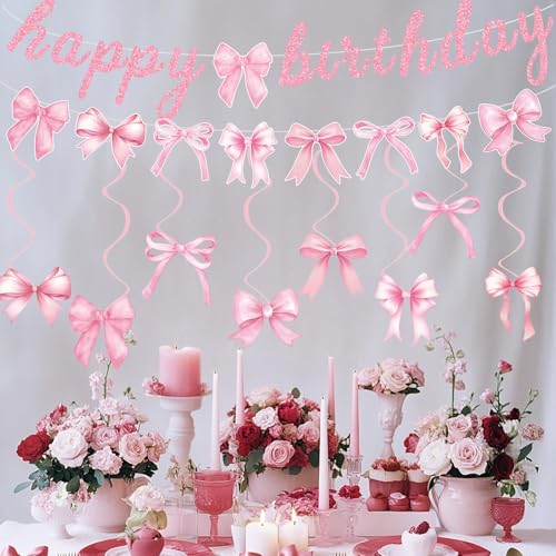 Image of Pink Bow Happy Birthday Banner Garland and Hanging Swirls for Girl Pink Bow Coquette Birthday Party Decorations