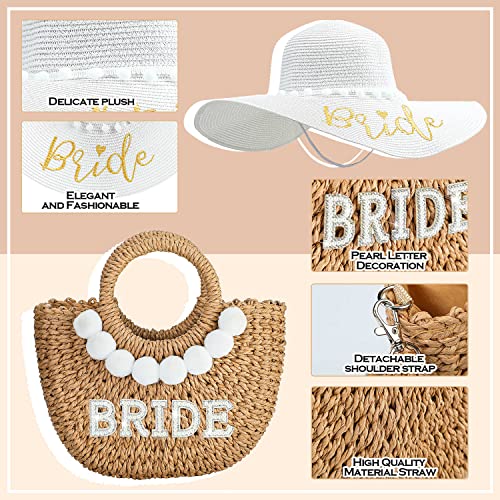 Hillban 4 Pcs Bride Gifts Set Bridal Shower Gifts Bride Sun Hat Pearl Letters Straw Bag Beach Swimsuit Sunglasses for Wedding Engagement Bachelorette Party4