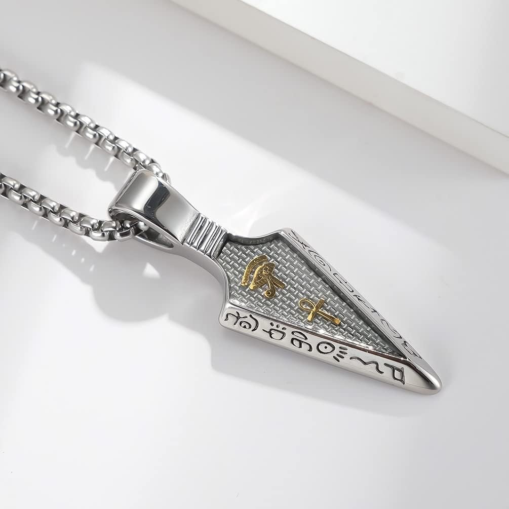 Arrow Necklace Big Arrowhead Pendant for Men Stailess Steel Silver Black Gold Spear Pendant Eye of Horus Necklace Egyptian Charm Amulet Totem Pendant 24 Inches Box Chain
