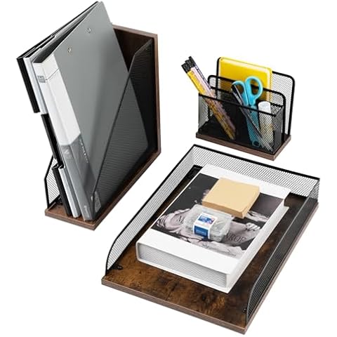 ZNMYDMT Vintage Wood & Mesh Office Supplies 3 Piece Set- Letter Tray, Magazine File Holder, Pen Holder and Letter Sorter, Desktop Organizer Set Desk Decoration Accessories Cover