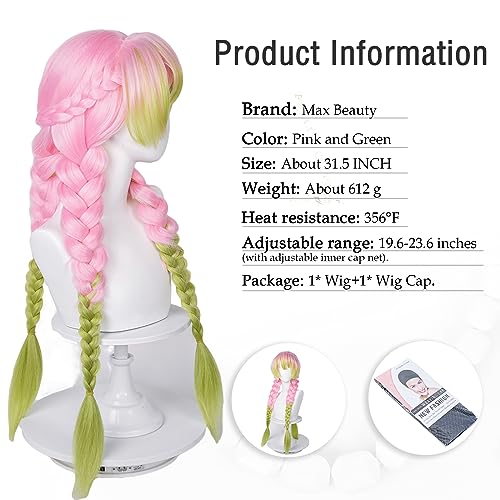 max beauty anime pink and green wig for mitsuri cosplay braided hair wig with pigtails halloween party  cap