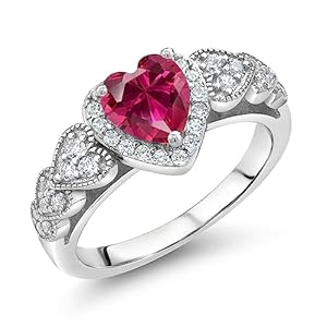Gem Stone King 925 Sterling Silver Red Created Ruby Engagement Ring For Women (1.39 Cttw, Heart Shape 6MM, Available In Size 5, 6, 7, 8, 9)