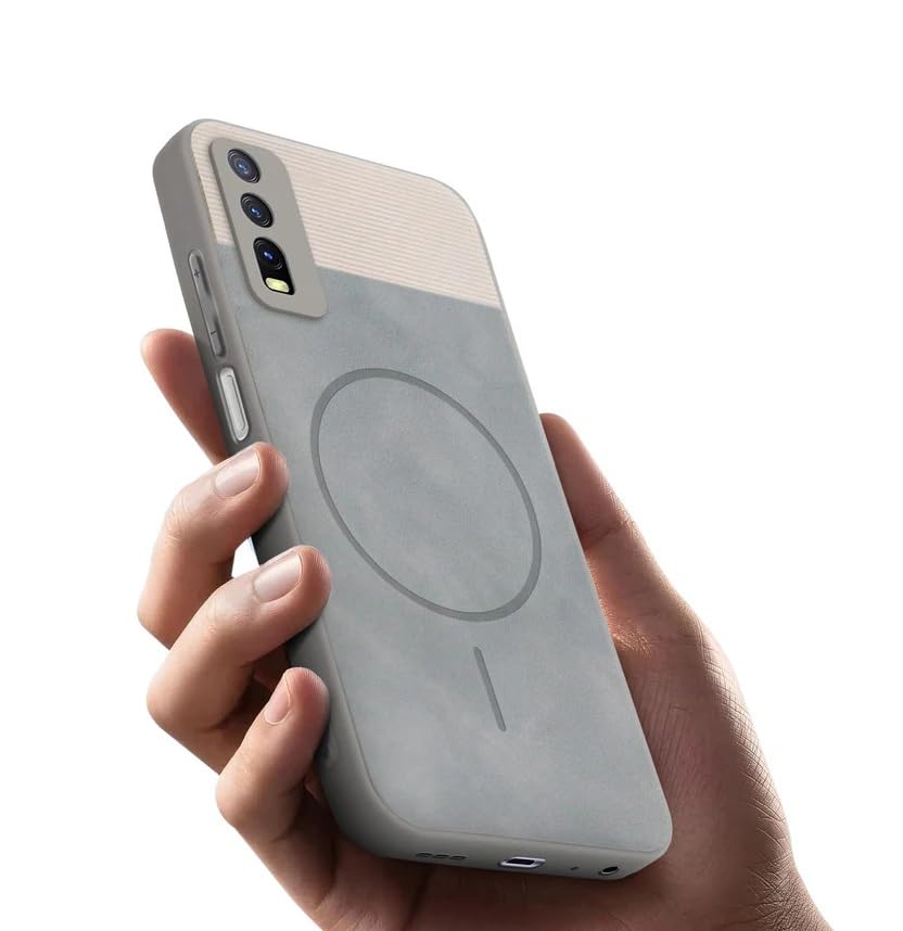 Image of Bintage CASE Dual-Leather Mac Safe Design Phone Case| Soft Touch Finish | Full Camera Protectection Back Cover Compatible for Vivo V2029 / Vivo Y20 / Y11s - White & Matelic Grey