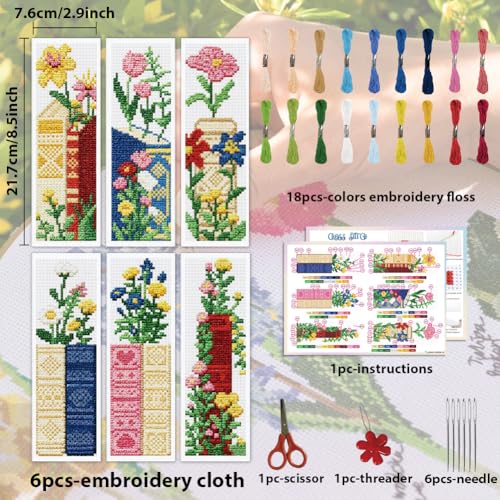Image of ACRNIGHEET 6PCS Cross Stitch Bookmark Kit for Beginner Stamped Cross Stitch Kits for Adults Book & Flowers DIY Embroidery Bookmark Kits Needlepoint Kit with Instructions Craft Gift 8.5''x3'' 11CT