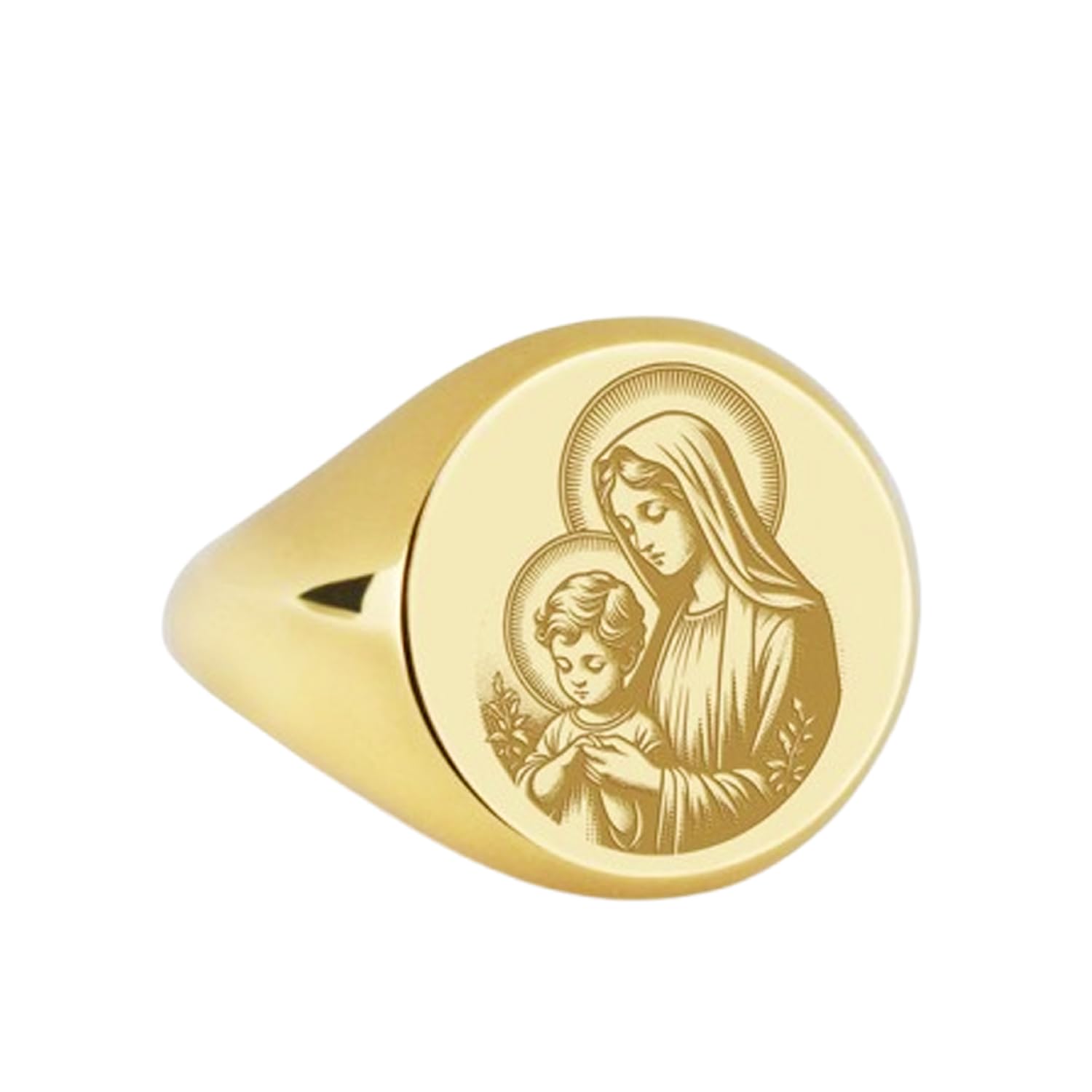 Bague Vierge Marie en argent sterling 925 | Plaqué or | Chevalière ronde 14 x 14 mm | Taille de l'anneau : 5-12,5 US | Avelaibal | WDRG_0025