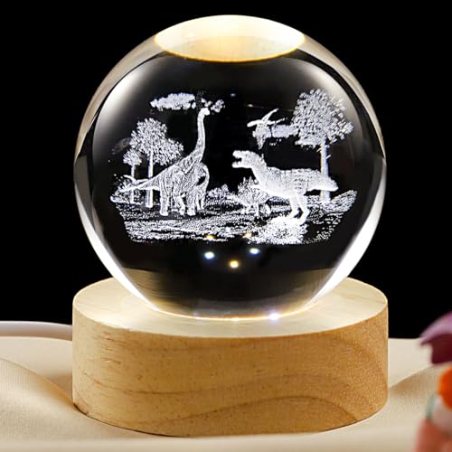 Image of 3D Dinosaur Crystal Ball Lamp with Dimmable LED and Wooden Base, Night Light for Kids Teens Adults, Home Desk Office Bedroom Decor, Birthday Gift (2.4 inch / 6cm)