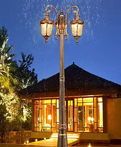 3 cabezas IP55 Impermeable Retro al aire libre Bolardo Poste Luz Europea Victoria Street Césped Jardín Paisaje Iluminación Columna Lámpara Linterna de vidrio E27 Aluminio Luz de pilar de poste alto (T