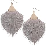 Humble Chic Fringe Tassel Statement Dangle Earrings - Lightweight Long Feather Drops, Grey, Dove Gray, Gold-Tone