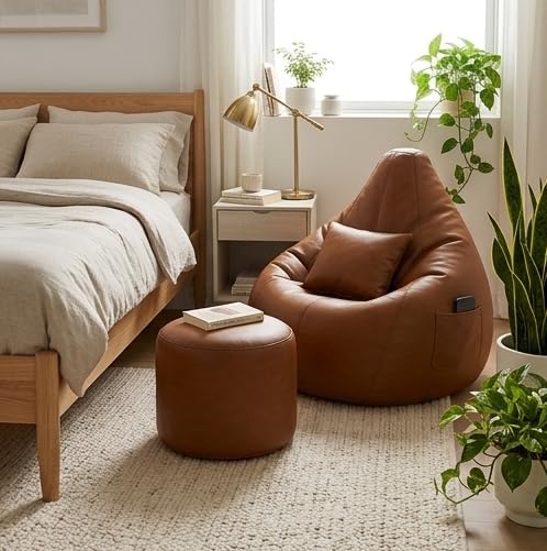 Bean Bag Chair Cover Only with Footrest & Pillow | Premium Leatherette Gaming Bean Bag Cover, Side Pocket, Double Stitched (No Beans) Color - Brown Size XL-picture-18
