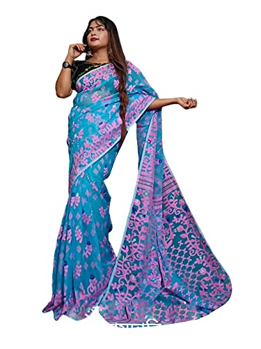 Sari musulman femme en coton indien bleu Dhakai Jamdani 5.5m