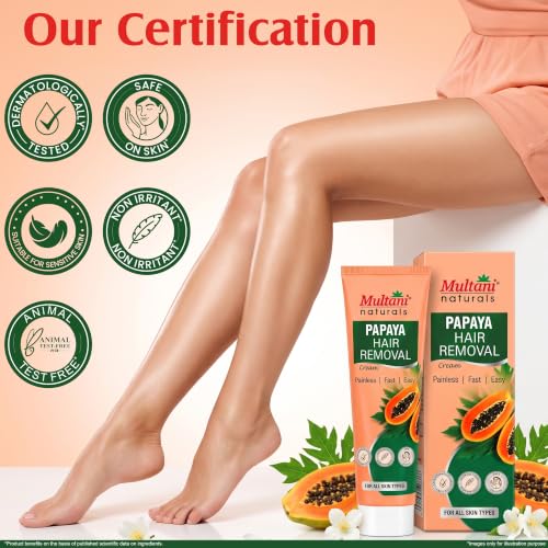 Image of Multani Naturals Papaya Hair Removal Cream 60 ml (Pack of 2) | Suitable for Most Skin Types | Removes Hair in Minutes | Exfoliating formula Enriched with Papaya Fragrance and Vitamin E | Painless, Easy, and Effective Hair Removal for Men and Women