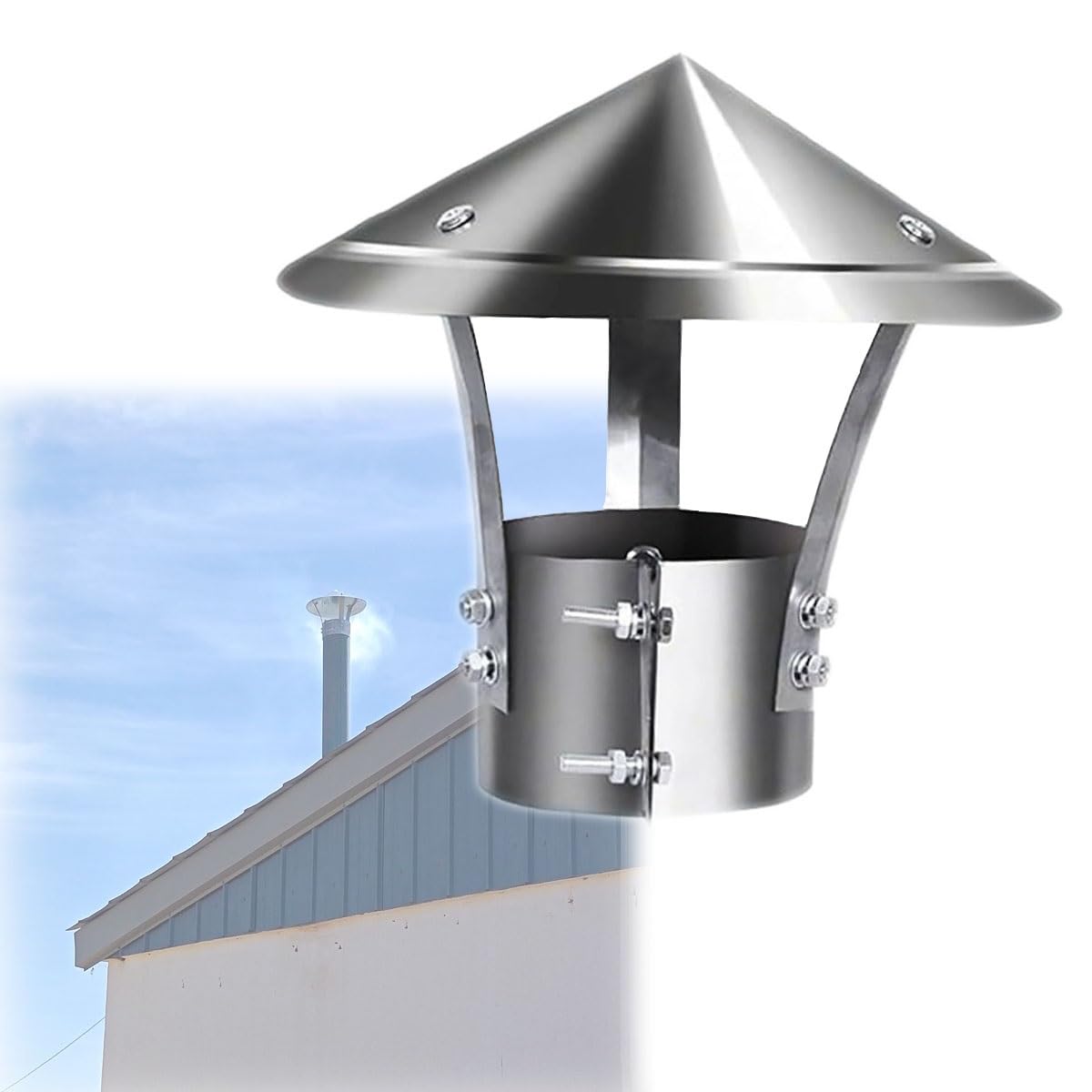 3.1/3.9/5.9/7.9/9.8in Acciaio Inox Cappello per Camino Bolt-On Copertura per Camino Adjustable Fascetta Universal Cappuccio da Tetto per sfiati Cono Top Cappello per Camino(200mm/7.9")