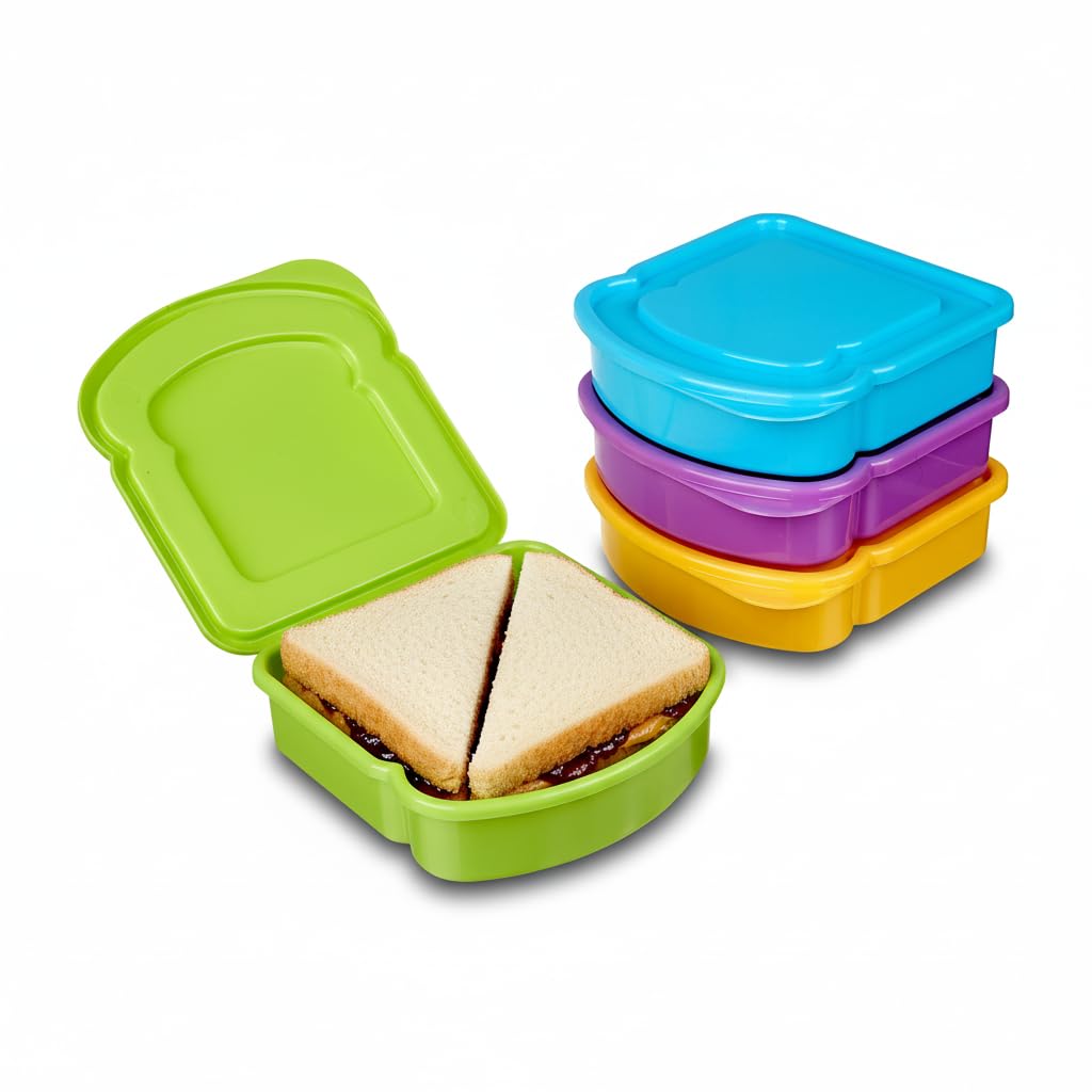 Kitchen & Cabana I 4 Pack I Small Size Sandwich Containers I Fun and Easy to Open for all Size Hands (4 Pack - Orange/Green/Blue/Purple)