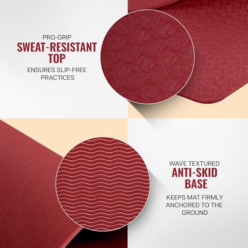 Image of WiseLife Classic Eco-TPE 6 MM Yoga Mat with Yoga Strap for Men & Women | Extra Thick, Long & Wide Non-Slip, Anti-Tear Exercise Mat for Home, Gym, Workout, Fitness, Yoga & Pilates (Maroon)