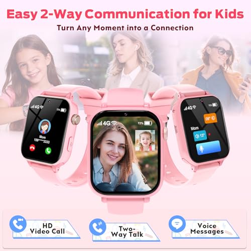 Image of 4G Kids Smart Watch with GPS Tracker, Video Call & Texting, Smart Watch for Kids with SIM Card, SOS, School Mode, HD Camera, Pedometer, Kid Watch Gift for Boys Girls Age 4-12, Pink
