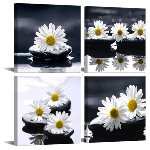 Yxbhhym-Black and White Wall Art Zen Décor Canvas Print Daisy Poster Painting Flower Stone Picture Meditation Artwork for Bathroom Decoration Dining Wall Art Bedroom Living Room Decor Office Framed
