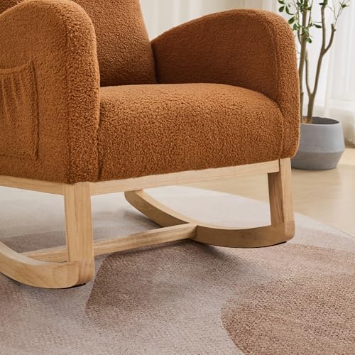Image of Rocking Chair Nursery, Glider Rocking Accent Chair with Wood Legs, High Back Pocket Modern Upholstered Nursery Chair, Comfy Accent Rocker Armchair for Living Room Bedroom, Sherpa Caramel