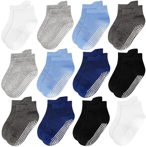 ELUTONG Kinder Antirutsch Knöchel Socken, 12 Paar Baumwolle Stoppersocken mit Rutschfester Griff für Jungen Mädchen 1-7 Jahre