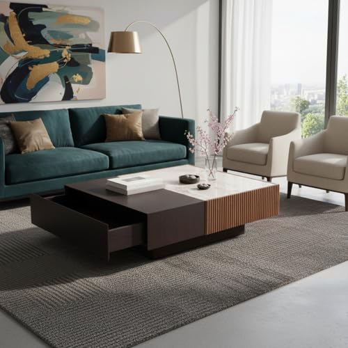 Image of WOODEN SPACE Nova Luxe Square Center Table with HDHMR Marble Top & Fluted Wooden Base | Modern Coffee Table for Living Room | Premium Wooden Centre Table