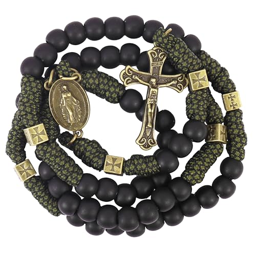 Nazareth Store Antique Bronze Paracord Rosary Necklace with Durable Black Matte Prayer Beads and Jesus Cross with Miraculous Medal