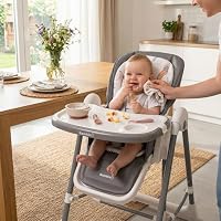 Bambino 2-in-1 Baby High Chair & Swing Chair, 6 Months to 3 Years, 5-Point Safety Harness, Height Adjustable, Reclining, Foldable with Lockable Wheels & Removable Tray, Grey