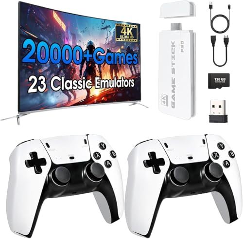2026 New Edition Retro Wireless Gaming Console 128GB Large Storage 23 Emulators Compatible with 20,000+ Games Dual 2.4GHz Wireless Controllers 4K HD TV Gaming Stick Plug and Play