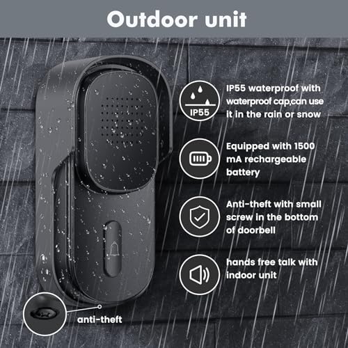 Image of Hands Free Wireless Intercom Doorbell for Home Classroom, Wuloo Two-Way Communicator Doorbell Chime with 1 /2 Mile Distance 4 Volume Levels 10 Chimes Battery-Operated with Mute Mode（1&1, Gray)