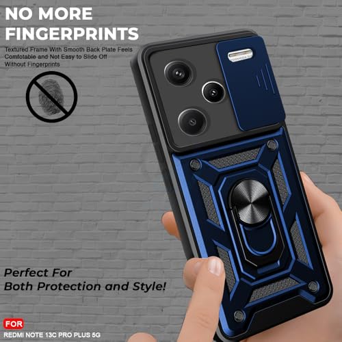 Image of AESTMO Polycarbonate Tough Armor Redmi Note 13 Pro Plus Bumper Back Case Cover|Ring Holder & Sliding Camera Shield Cover|360 Degree Protection Back Case Cover for Redmi Note 13 Pro Plus (Blue)