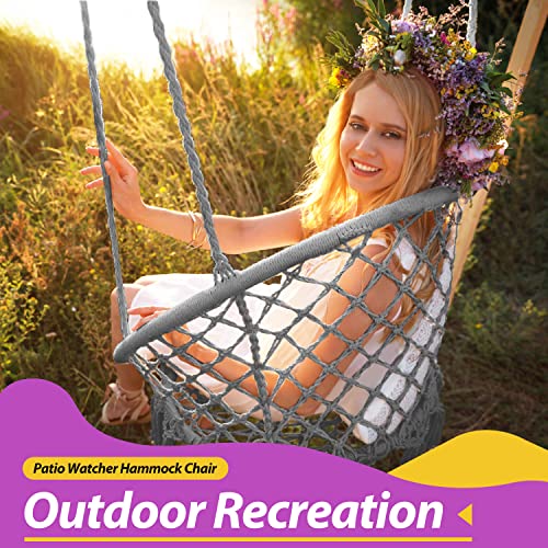 Patio Watcher Hammock Chair Hanging Macrame Swing With Cushion And Hardware Kits, Max 330 Lbs, Handmade Knitted Mesh Rope Swing Chair For Indoor, Outdoor, Bedroom, Patio, Yard, Deck, Garden, Gray #TOP2