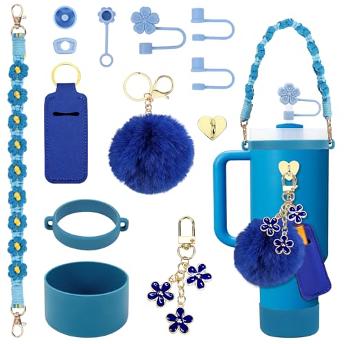 13 Pcs Stanley Cup Accessories Set Including Water Bottle Handle Strap Siliocne Stanley Cup Boot Siliocne Straw Cover Stanley Charms for Stanleys Cup 40oz & 30oz Tumbler (Azure)
