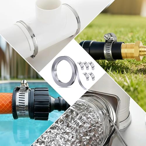 Image of 304 Stainless Steel Adjustable Hose Clamp Kit with 5 Fasteners | 6.6ft cut-to-fit flexible worm gear band, heavy duty pipe strap clamps for plumbing, automotive, and industrial.