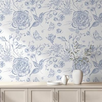 Micpolo Blue Peel and Stick Wallpaper Floral Wall Paper Boho Embroidered Contact Paper Bedroom Bathroom Wallpaper Navy Blue and White Removable Self-Adhesive Kitchen Wall Decor Vinyl Roll 17.3" x 78"
