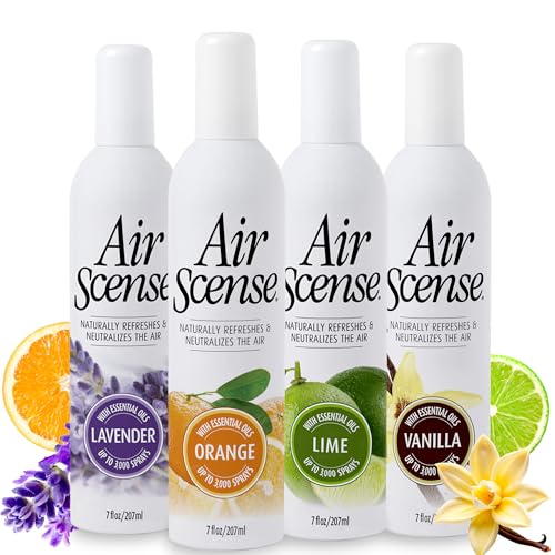 Image of Air Scense Air Freshener Deodorizer Room Spray for Bathroom & Home, Essential Oils, Natural Variety (Orange, Lavender, Lime & Vanilla)- 7 fl oz (4-Pack)