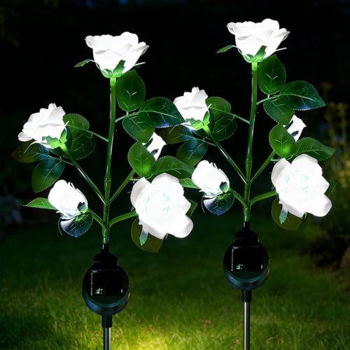 XVZ Luces solares Exterior Jardín, lámparas Decorativas LED Rosas Solares, impermeable lámpara solar con flor más grande y panel solar más ancho, para jardín césped terraza camino(blanco 2 paquetes)
