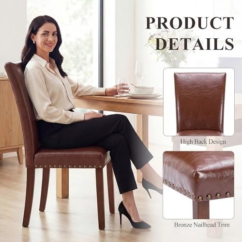 Image of COLAMY Upholstered Parsons Dining Chairs Set of 4, PU Leather Dining Room Kitchen Side Chair with Nailhead Trim and Wood Legs - Light Brown