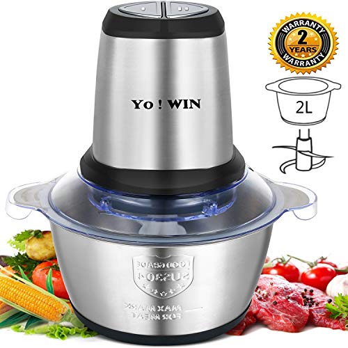 Meat Grinder, Yowin Mini Food Chopper 350W 2L Stainless Steel Food Processor for Baby Food, Meat, Vegetables, Fruits and Nuts, Stainless Steel Bowl and 4 Bi-Level Blades