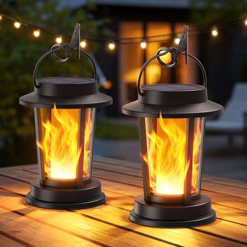 TuyLuxe Solar Lanterns Outdoor Waterproof Upgraded Flickering Flame Solar Lights Outdoor Solar Powered Lanterns Decorative Hanging Solar Lantern for Garden Yard Patio Path Porch Tree Decor 2 Pack